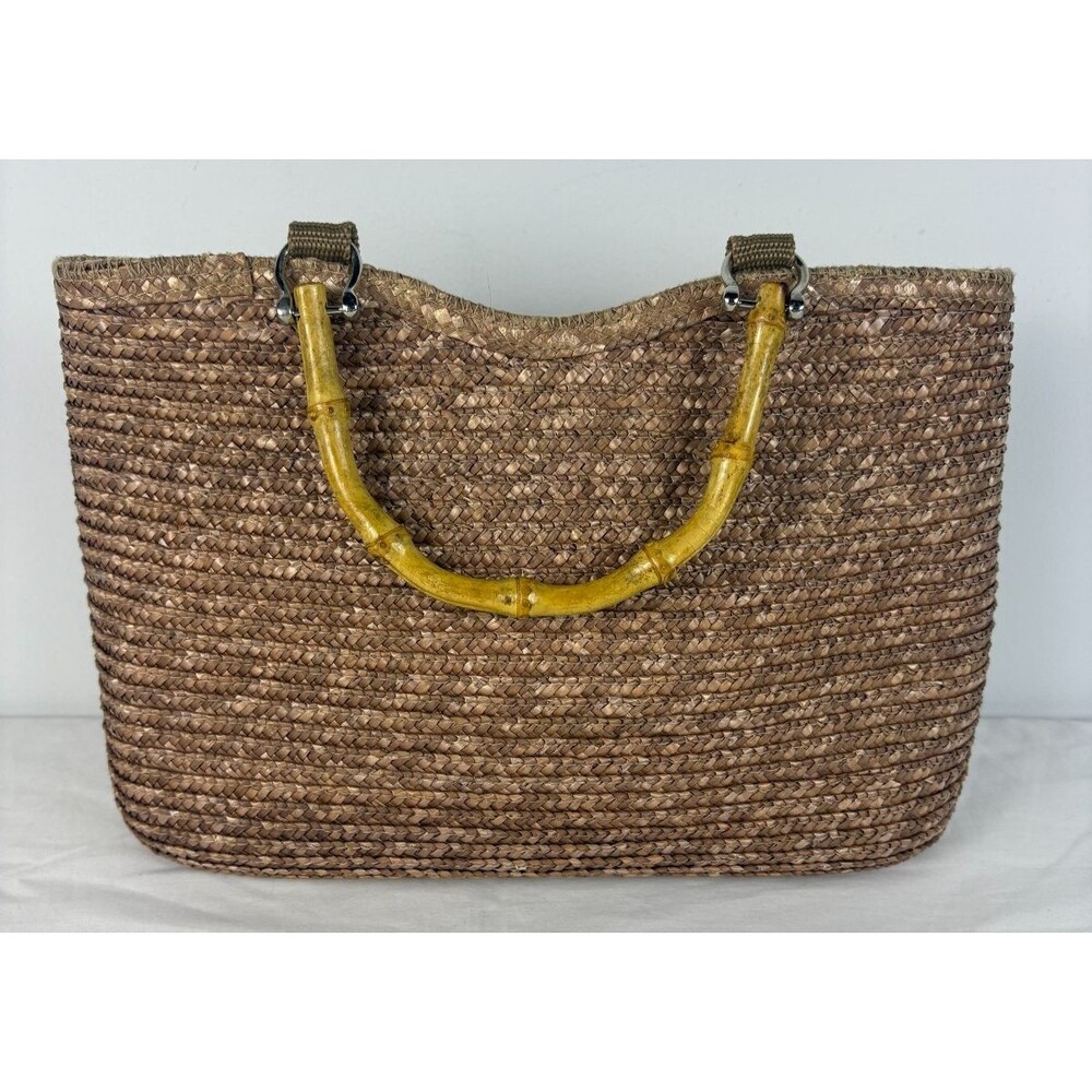 Vintage St. John's Bay Straw Tote Bamboo Handle Beach Market Bag Woven